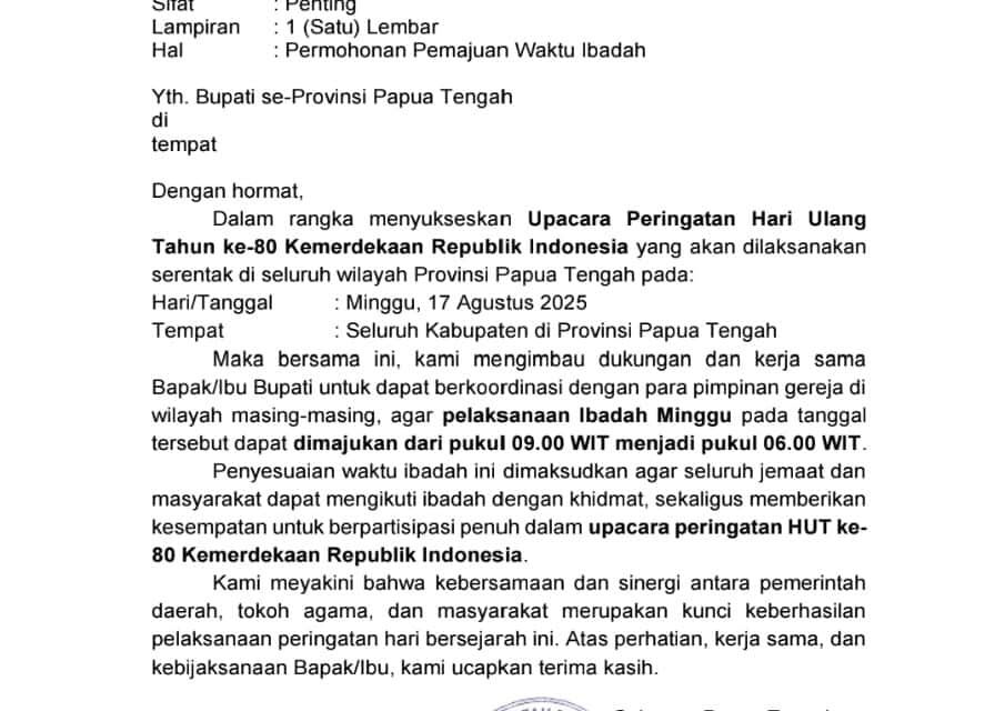 Sukseskan Upacara Peringatan Kemerdekaan RI, Pemprov Papua Tengah Surati Bupati Minta Pimpinan Gereja Majukan Jadwal Ibadah