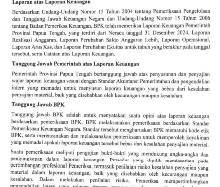 Opini BPK Terhadap LKPD Papua Tengah 2024: Wajar Dengan Pengecualian