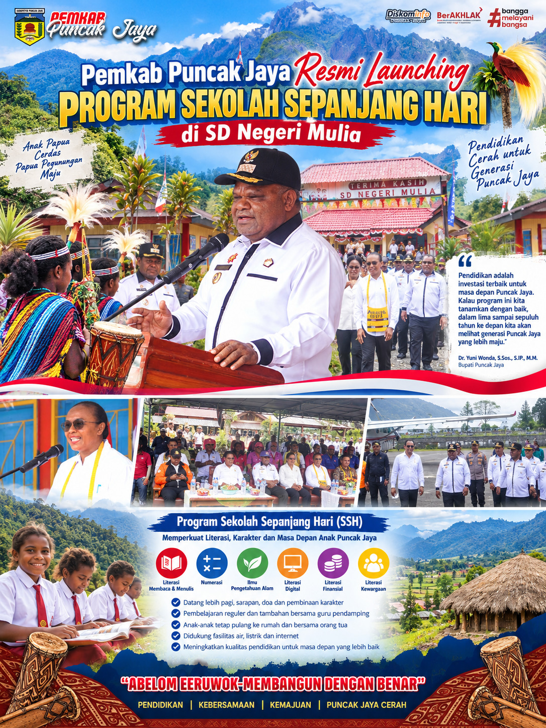 Pemkab Puncak Jaya bersama Pemprov Papua Tengah resmi meluncurkan Program Sekolah Sepanjang Hari (SSH) di SD Negeri Mulia, Kabupaten Puncak Jaya, Rabu (23/9/2026).